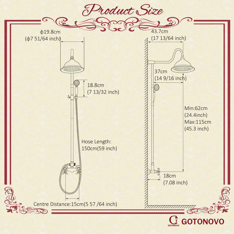 Diagram showing dimensions of Exposed Shower Fixture with Two Cross Handles; includes rain showerhead and handheld spray.