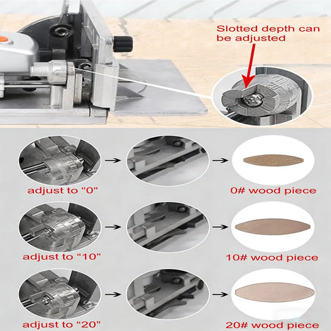Heavy Duty Electric Tenoning And Mortising Machine With Biscuit Jointer Slotting Tool For Cabinet And Furniture Work, setup for adjustable slotted depth with wood pieces.