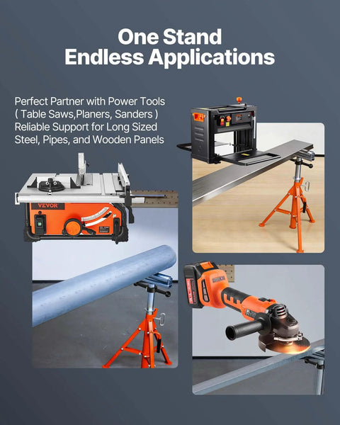 Built Tough Heavy Duty Roller Stand With Adjustable Height From Twenty Seven To Fifty Two Inches For Woodworking And Metalworking Outfeed Table providing support for table saws and pipes.
