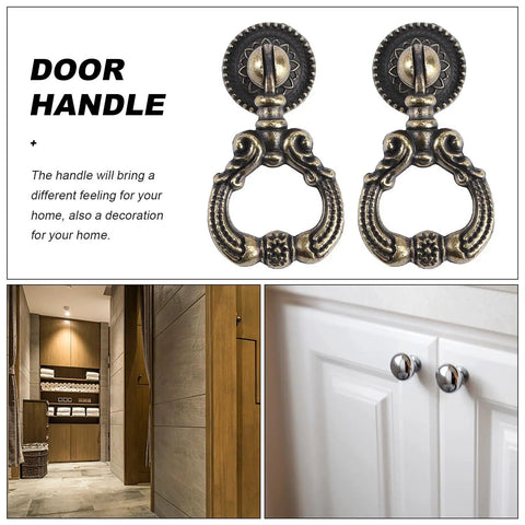 Retro Zinc Alloy Pull Ring Cabinet Handles 4 Pack For Cabinets And Cupboards, vintage design shown with gold finish and detail view.