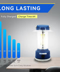 Rechargeable LED Camping Lantern With Beast 2000 Lumen Brightness 360 Degree Beam Five Modes on a table with charge chart