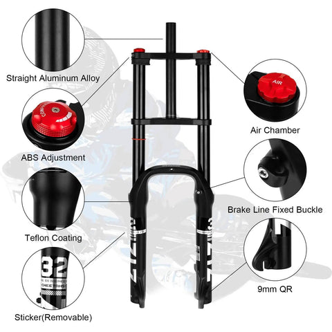 Beefy Fat Tire Mountain Bike Fork With 180mm Travel, 135mm Hub Spacing, 9mm QR, 74mm Disc, Double Crown Suspension Features