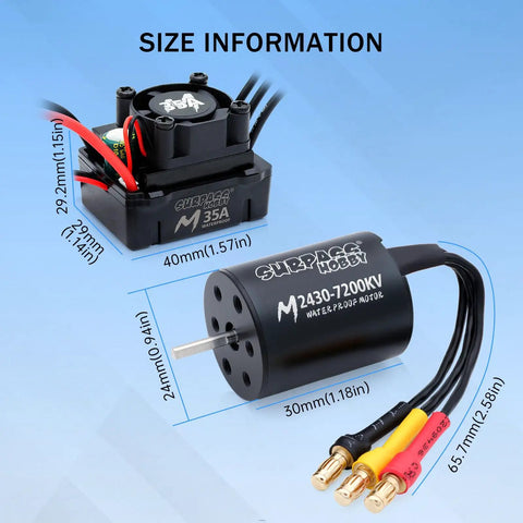 Waterproof RC Brushless Motor And ESC Combo 2430 7200KV With 35A ESC, size dimensions, CNC 6061-T6 heat sink.