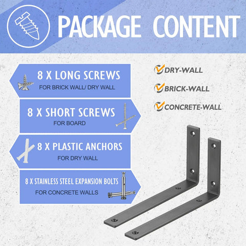 Package content for Beefy Heavy Duty 12 Inch Shelf Brackets Five Inch Wide One Quarter Inch Thick Cold Rolled Steel Rustic Industrial Farmhouse Style Pack Of Four Max Load 440 Lb Ideal For Open Shelving Tables Benches And DIY Projects