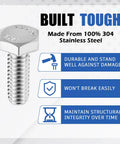 50 Pcs 1/4-20 By 3/4 Inch Heavy-Duty Hex Head Screws Bolts Stainless Steel 304 18-8 Fully Threaded External Hex Drive Plain Finish Silver Bulk Pack For Home Repairs DIY Projects And Light Construction