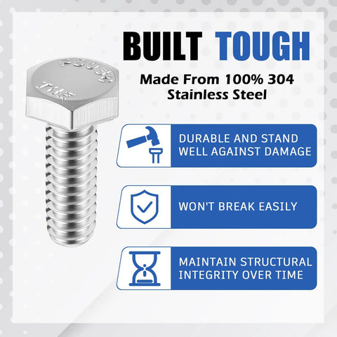 50 Pcs 1/4-20 By 3/4 Inch Heavy-Duty Hex Head Screws Bolts Stainless Steel 304 18-8 Fully Threaded External Hex Drive Plain Finish Silver Bulk Pack For Home Repairs DIY Projects And Light Construction