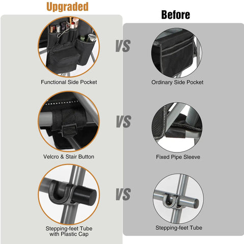 Comparison of features on Extra Tall Folding Director Chair for Big and Tall Adults with upgraded pockets and tube caps versus ordinary.