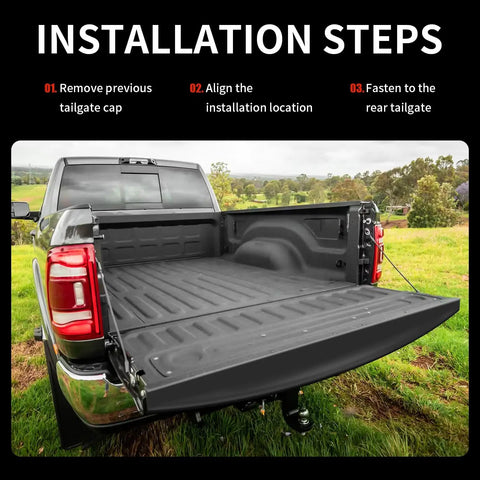 Tailgate Spoiler Top Protector Cover Molding Cap installed on Dodge Ram truck with tailgate open, easy installation steps shown