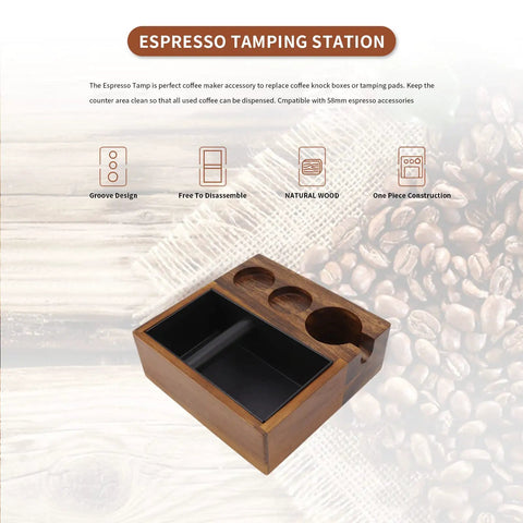 4 In 1 Espresso Knock Box And Tamper Mat Stand For 58mm Coffee Accessories Featuring A 1.5L Detachable Stainless Steel Knock Box In Brown Walnut Finish with diagram