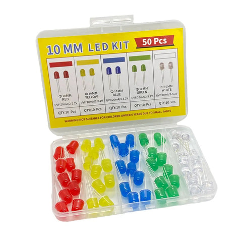 10mm LED Diode Kit 50 Pieces Assortment Of Red Yellow Blue Green White 5 Colors in plastic case open view