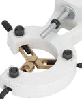 Rock Solid Mini Lathe Steady Rest featuring Built Tough Metal Center Support for smooth woodturning, detailed image of metal components.