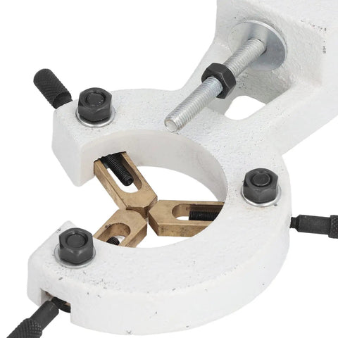 Rock Solid Stability That Helps You Crank Out Precision Parts Without Sagging On 8X16 Mini Lathes Using Fixed Steady Rest Center Mount for Knockout Support. Close-up of cast iron steady rest with brass pads.