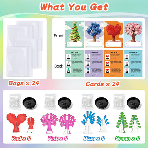 24 Pcs Growing Crystal Tree STEM Kit With Cards For Kids Fun Hands On Science Experiment Party Favors Classroom Prizes And Goodie Bags Gift Exchange For Boys And Girls, bags and tree pieces