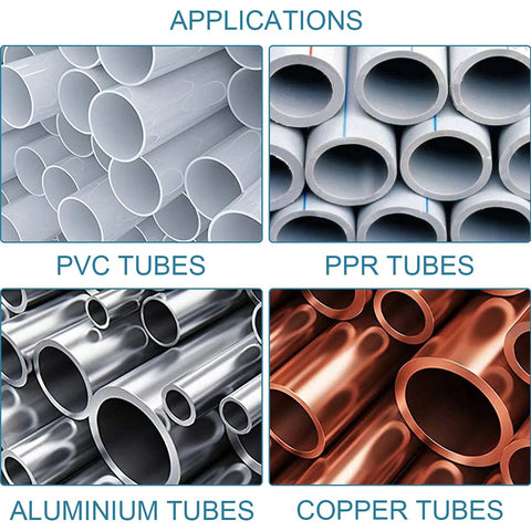 2-piece tube deburring reamer set; collage of PVC, PPR, aluminum, and copper tubes
