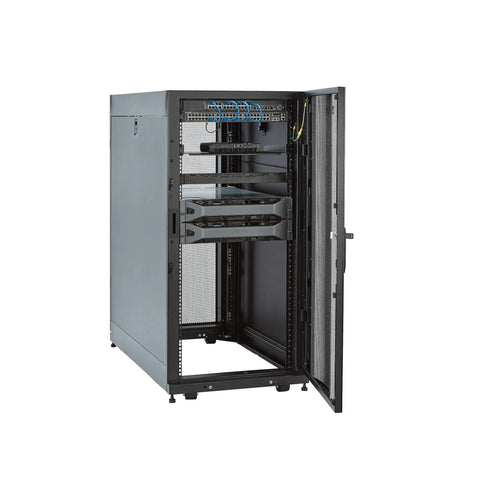 Solid As A Rock 25U Server Rack Cabinet With Spacious 37 Inch Depth, showcasing heavy-duty black steel mesh design for telecom gear.