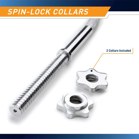 Threaded Chrome Curl Bar With Collars For All Standard Plates 48 Inch showing spin-lock collars