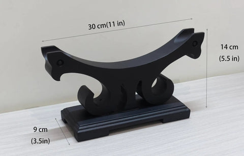 Solid Wood Sword Stand Display For Katana Wakizashi And Samurai Swords Black Finish Base Holder shown with measurements