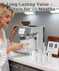 Six Pack No Fuss Replacement Water Filters For Breville And Sage Espresso Machines Compatible With Barista Touch Pro Oracle Dual Boiler Bambino Beb Filter Cartridge displayed near espresso machine.