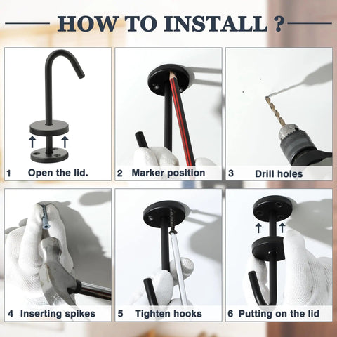 Installation guide for Five Pack Ceiling Hooks For Hanging Plants 110mm Stainless Steel Indoor Plant Hangers Black Matte Rust Resistant Durable Plant Brackets Lanterns Chimes Coffee Mugs Under Cabinet Screw Mounted.