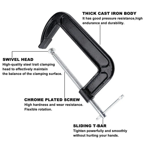 Heavy Duty 4 Pack 6 Inch C Clamp Set With 6 Inch Jaw Opening And 2 And 5 Eighths Inch Throat For Woodworking Welding And Building Projects Rust Resistant Cast Malleable Iron With Black Coated Finish, showing clamp with swivel head and chrome plated screw.