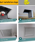 Installation steps for 16X32 Big Boy Steel Return Air Grille Slick Black Vent Cover on ceiling with tools.
