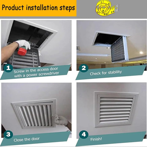Installation steps for Heavy Duty 22 By 28 White Vent Grille With Removable Access Panel For HVAC Return Air and Whole House Duct Cooling.