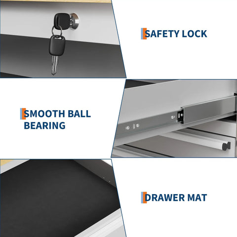 Close-up of 96 Inch Rolling Tool Chest With 24 Drawers, Garage Workbench And Mobile Cabinet With Locking Wheels, showing safety lock, smooth ball bearing, and drawer mat features.