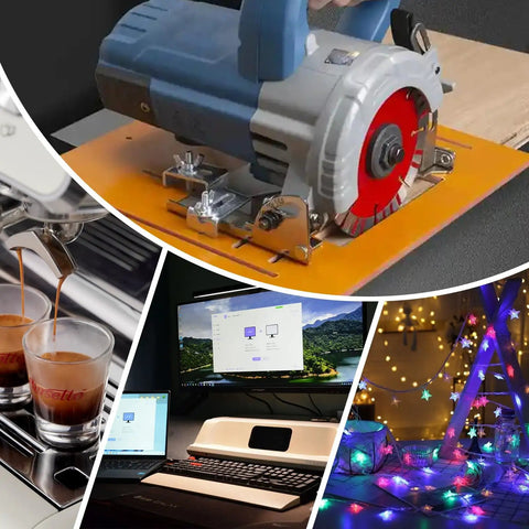 Collage showing circular saw, espresso machine, home office setup, and outdoor string lights with blurred background.