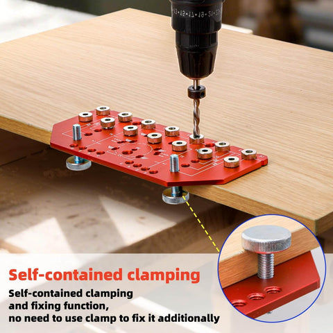 Shelf Pin Jig And Hinge Jig 2 In 1 Pro Grade Adjustable Drilling Guide For Woodworking With Quarter Inch And Five Millimeter Bits Self Contained Cabinet Hardware Jig For Easy Shelf Install in use on wood board