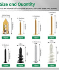 Heavy Duty Drywall Anchors And Screws Kit Delivers Killer Grip With 170 Piece Assortment In Black White And Gold For No Sweat Picture Hanging And Shelf Mounting size and quantity chart showing various anchor and screw types.