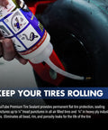 Applying Premium Heavy Duty Tire Sealant For Industrial And Off Road Tires Keeps Air Pressure Solid Balances The Ride And Seals Punctures Bead And Rim Leaks For A Permanent Flat Tire Fix In A 16 Oz Bottle to a tire