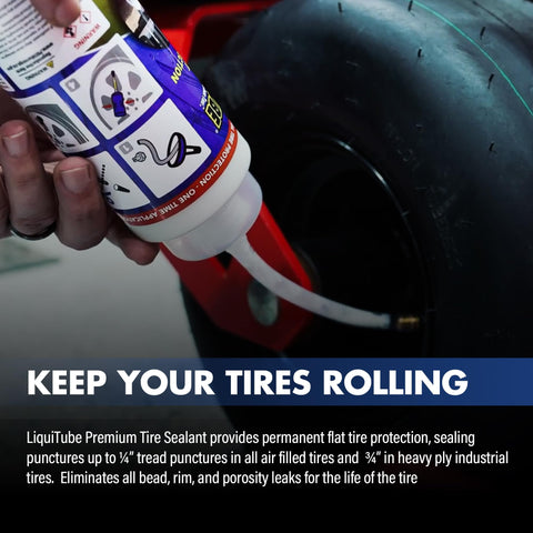 Applying Premium Heavy Duty Tire Sealant For Industrial And Off Road Tires Keeps Air Pressure Solid Balances The Ride And Seals Punctures Bead And Rim Leaks For A Permanent Flat Tire Fix In A 16 Oz Bottle to a tire