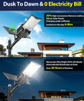 Heavy Duty Commercial Solar Street Light Featuring Badass 6500K Daylight LEDs with solar panel and illumination detail.