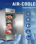 Rock Solid 27 Inch Commercial Reach In Freezer Delivers 23 Cubic Feet Of Smooth Stainless Steel Cooling With Smart Fan Chiller Plus No Sweat Digital Temp Control And Heavy Duty Roll Casters For Restaurant Setup with open door showing frozen food.