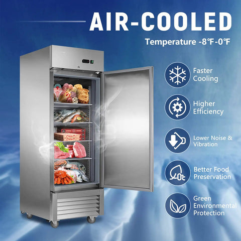 Rock Solid 27 Inch Commercial Reach In Freezer Delivers 23 Cubic Feet Of Smooth Stainless Steel Cooling With Smart Fan Chiller Plus No Sweat Digital Temp Control And Heavy Duty Roll Casters For Restaurant Setup with open door showing frozen food.