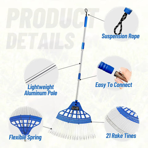 Acorn Gatherer Pro Fast Lawn Cleanup Tool with flexible spring, 21-piece rake tines, and adjustable aluminum handle.