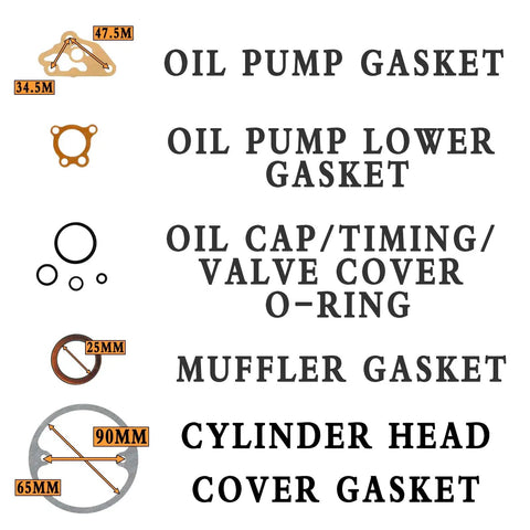 Diagram of gaskets and O-rings from the Gasket Kit for 110cc Chinese ATV Dirt Bike Go Kart Quad 52.4mm Bore Head With 48.5mm Fit