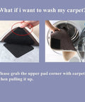 Demonstration of 10 Pack Rug Grippers Non Slip Pads For Hardwood Floors being removed from under a rug in washing machine.
