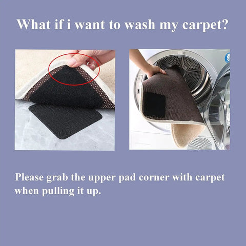 Demonstration of 10 Pack Rug Grippers Non Slip Pads For Hardwood Floors being removed from under a rug in washing machine.