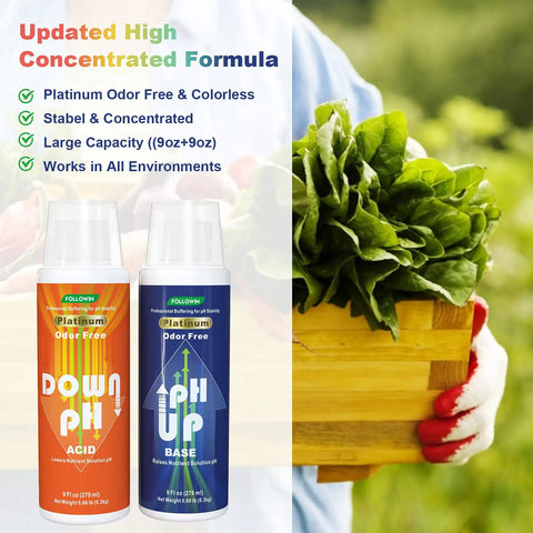 PH Up and Down Control Kit with 9oz and 9oz Buffer Solutions for Hydroponics, bottles next to fresh greens in crate