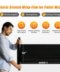 Heavy Duty Black Stretch Film And Shrink Wrap Rolls For Moving Supplies Pallet Packing Shipping Storage 18 Inch Wide 1000 Feet Long 60 Gauge, man holding film.