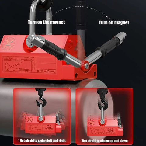 Hella Strong Heavy Duty Magnetic Lifter For Flat Steel Plates And Round Bars showing controls for turning magnet on and off.