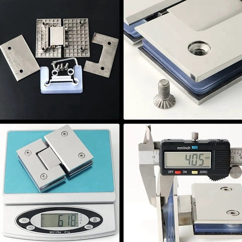 Heavy Duty 180 Degree Glass Door Hinge 2 Pack for Frameless Cabinets and Showcases, disassembled parts and measurements