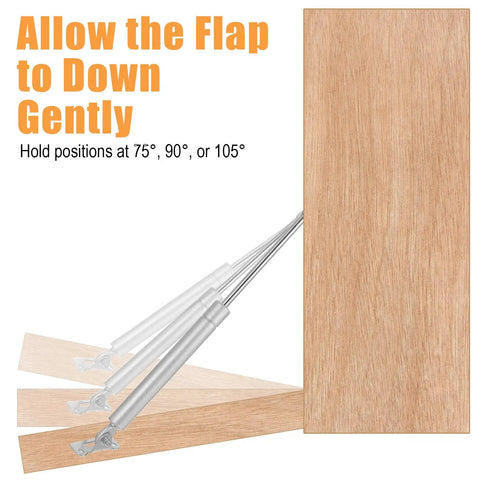 Four Pack 100N Gas Struts For Drop Down Cabinets And Desks, 22Lbs Each, showing flap positions at 75°, 90°, and 105°