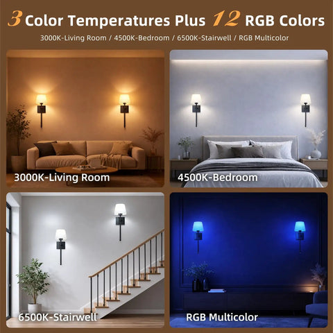 Set Of 2 Battery Powered Wall Sconces No Wiring Needed With Black Fabric Shade Remote Control Dimmable RGB Color Changing Wall Lamp For Bedroom Living Room Hallway 20 Inches Tall showing different color temperatures and RGB settings in living and bedrooms.