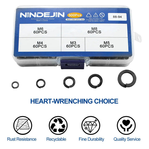 Heavy Duty Zinc Plated Carbon Steel Lock Washers Assortment Kit 300 PCS with assorted sizes M3 M4 M5 M6 M8 in storage box