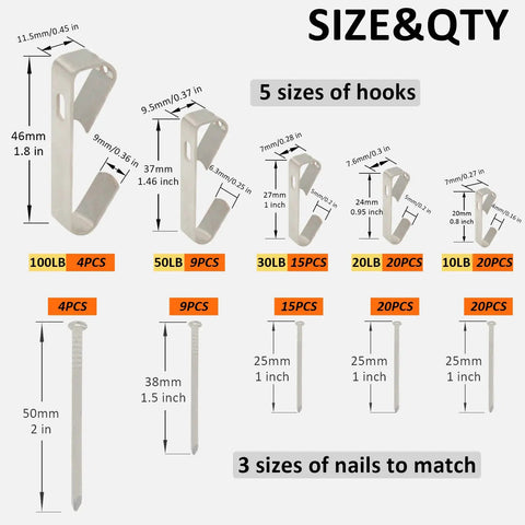 136 Pcs Picture Hangers Kit With 5 Size Hooks 10Lb 20Lb 30Lb 50Lb 100Lb Nails And Handy Storage Case For Drywall And Wooden Walls