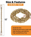Beefed Up Heavy Duty G80 Transport Binder Chain With Clevis Grab Hooks Five Sixteenth Inch Ten Foot Tow Chain 4900 Lbs 10ft