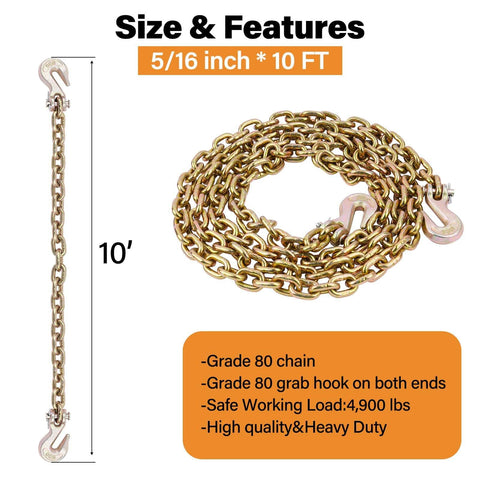 Beefed Up Heavy Duty G80 Transport Binder Chain With Clevis Grab Hooks Five Sixteenth Inch Ten Foot Tow Chain 4900 Lbs 10ft