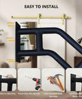 Rock Solid Black Handrails For Outdoor Steps 21 Inch Stair Railing installed with easy instructions, showing tools for mounting.